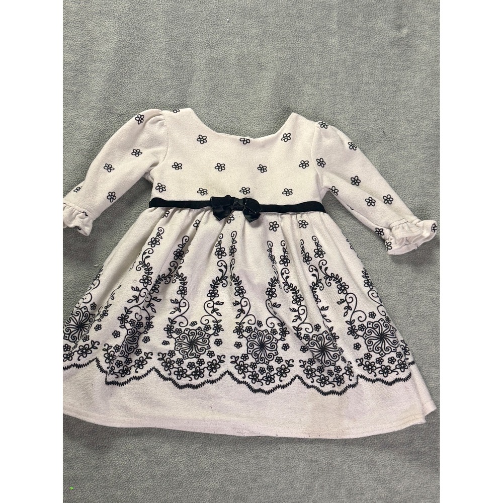 Baby Girls White Floral Embroidered Long Sleeve Velvet Bow Fit & Flare Dress